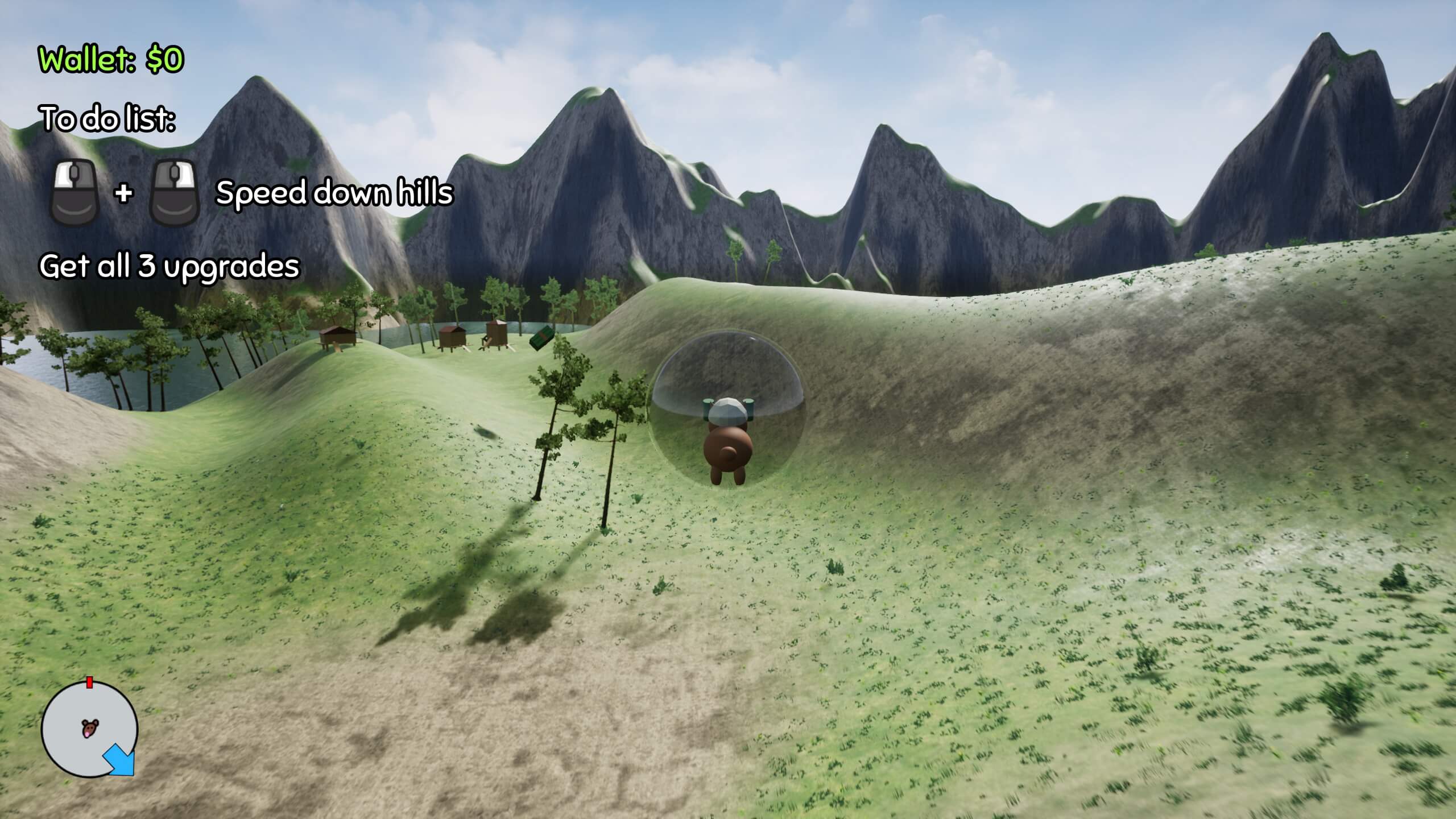 Screenshot of my game HyperHam Delivery Company with a hamster in a ball flying over some green rolling hills. Links to my HyperHam project page