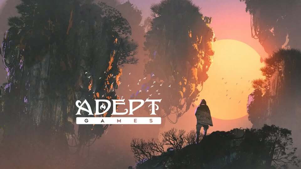 Logo for Adept Games of a character standing on a floating, overgrown pillar at sunrise which links to the image origin on the Adept Games Facebook page