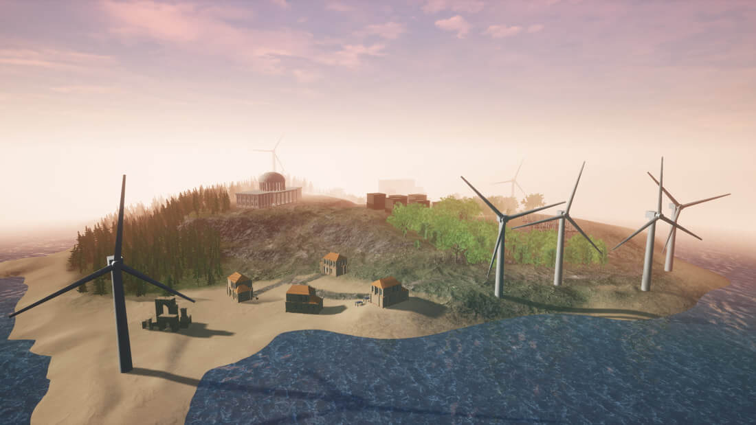Render of the island for my game Climate Conversations with wind turbines, houses, and a government building. Links to my Climate Conversations project page