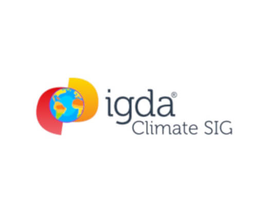 Logo for the IGDA Climate SIG with an icon of the globe, and stylized G and D characters which links to the IGDA website
