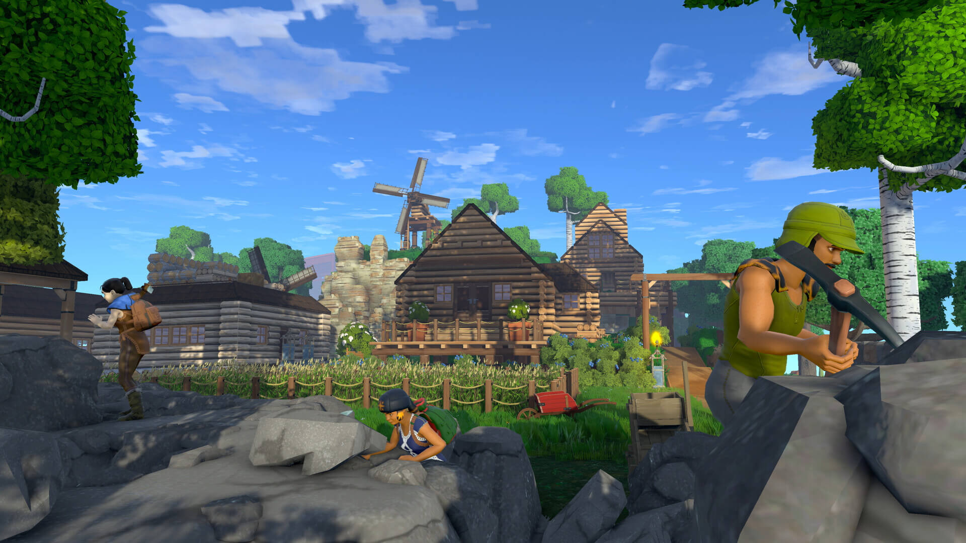 Screenshot of the game Eco showing players mining in front of a house and windmill