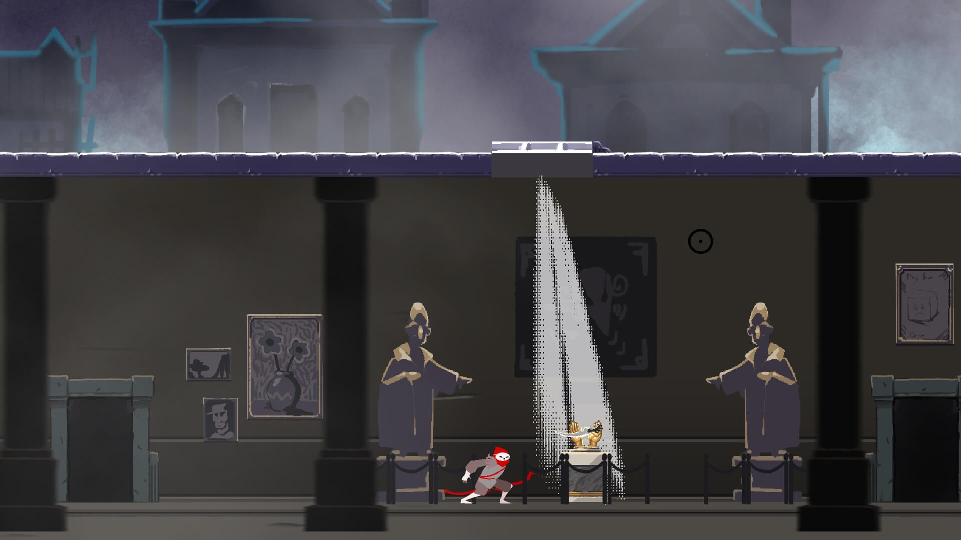 Screenshot of a game I worked on, Moonlit Nightmare, featuring a masked thief stealing a dagger from a pedestal. Links to the game's page on DigiPen's Game Gallery