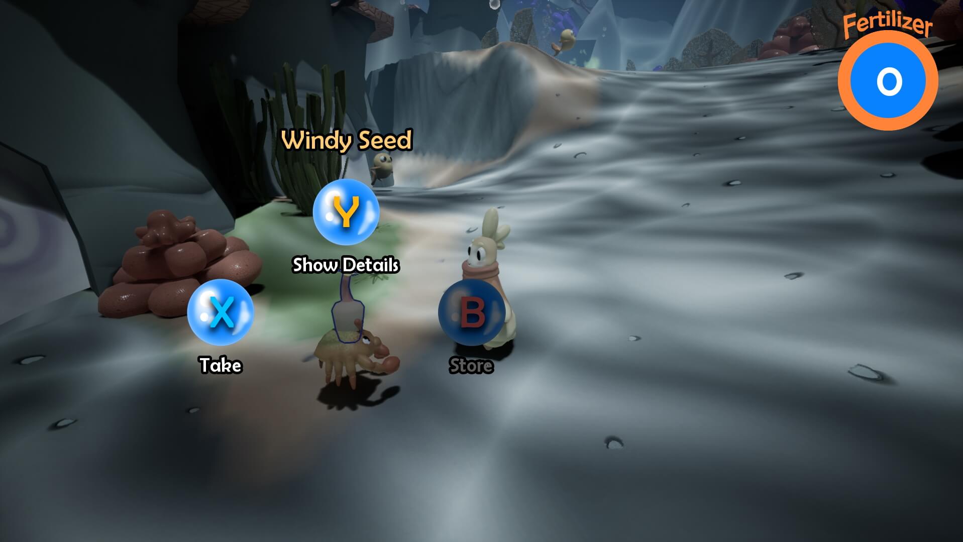 Screenshot of a game I worked on, Mu and The Little Reef, featuring the main character underwater taking a plant seed from his crab friend. Links to the Mu and The Little Reef project page