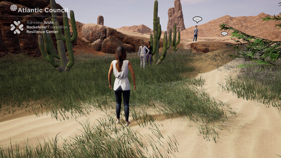 Screenshot of a UE4 demo I made with a middle-aged woman standing in a desert environment with some interactable characters in the distance