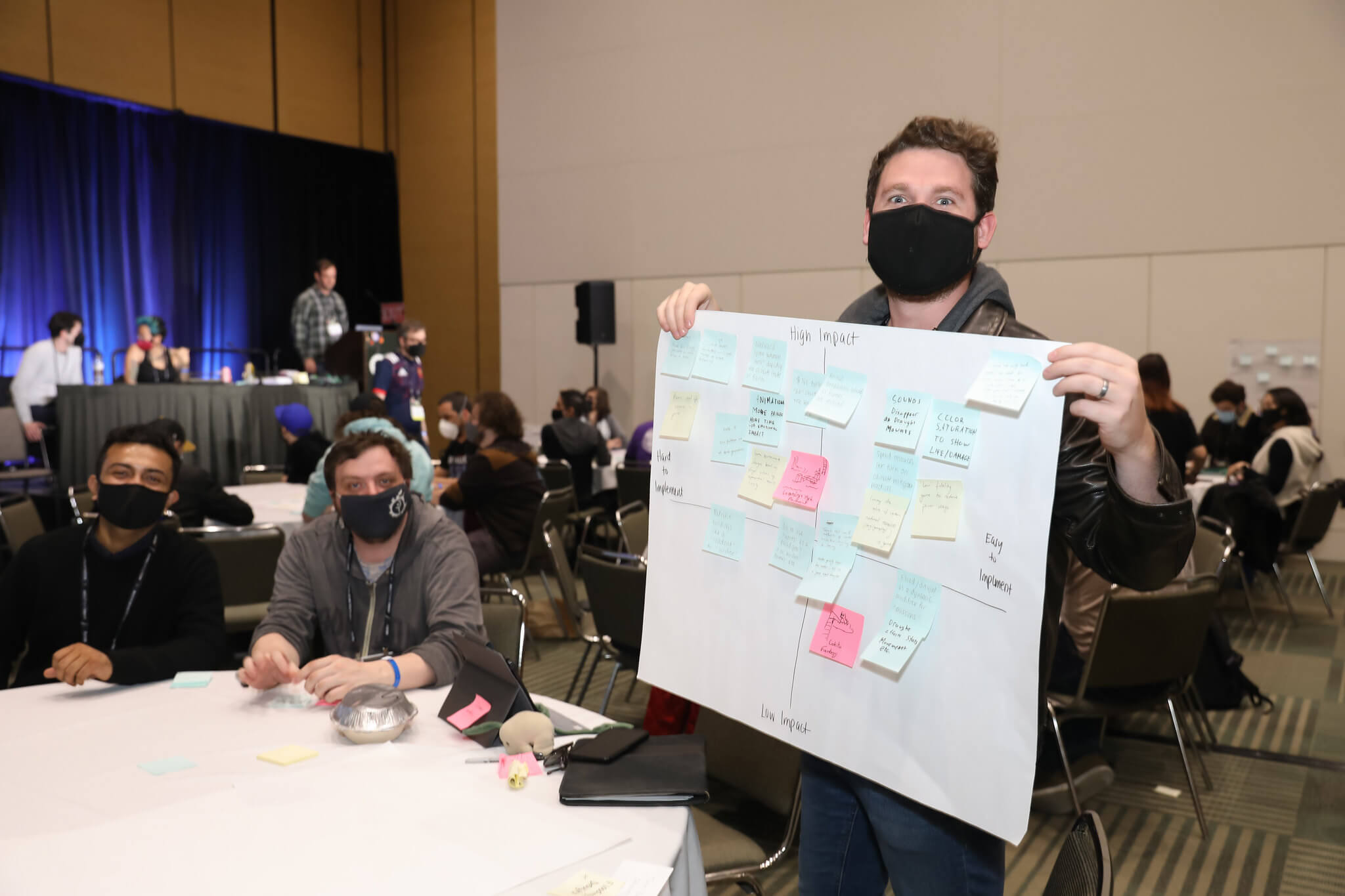 Photo of a game developer workshop participant holding a poster with sticky notes